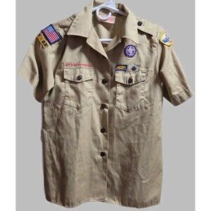 Boy Scouts Shirt Youth Medium Scout Khaki Short Sleeve With Patches (10-12)